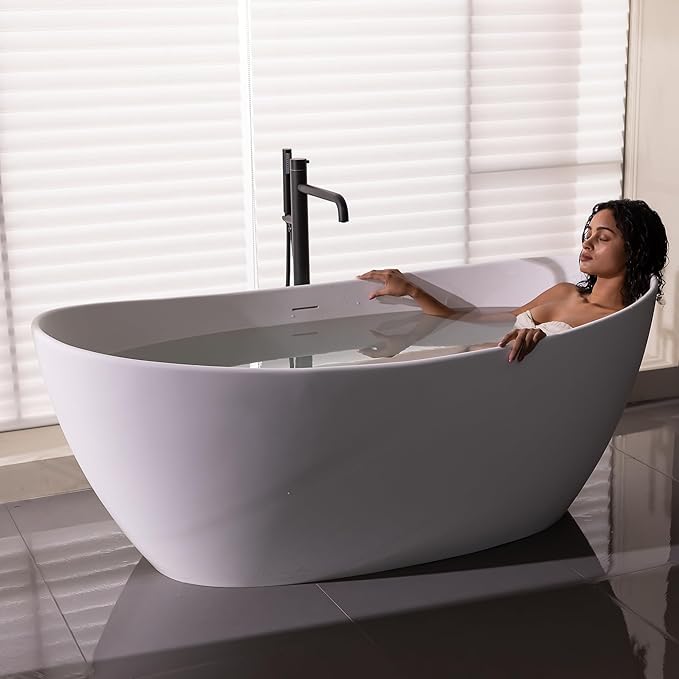 55'' High-back Freestanding Solid Surface Resin Stone Bathtub, Freestanding Tub, Contemporary Design Stand Alone Tub with Pop-up Drain and Overflow, Matte White (Oval)
