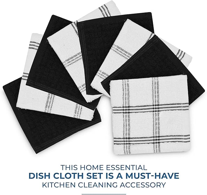 DAN RIVER Premium Dish Cloth 100% Cotton 12 X 12 Inches |Pack of 8|-Ultra Soft Tea Towels-Highly Absorbent Kitchen Rags-Terry Dishcloth for Kitchen and Household Cleaning |Black|
