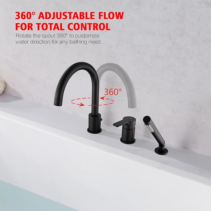 SUMERAIN Matte Black Roman Tub Faucet 3 Holes Deck Mount Bathtub Faucet with Handheld Shower Sprayer