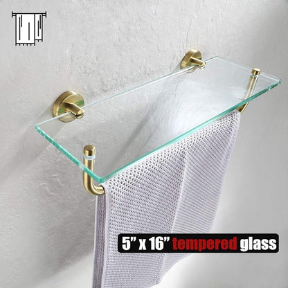 JQK Bathroom Glass Shelf, Shelf with 16 Inch Towel Bar Tempered Glass Shower Storage 16 by 5 inches, 304 Stainless Steel Brushed Gold Wall Mount, TGS100-BG