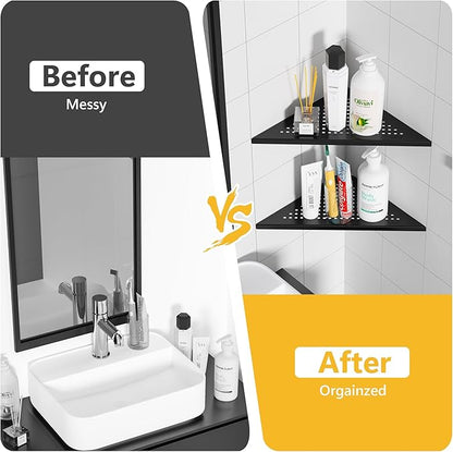 Neodrain 10 Inch Corner Matte Black Wall Shelf Set of 2, Floating Corner Shelves for Wall, 304 Stainless Steel Storage Shelves for Bathroom,No Drilling