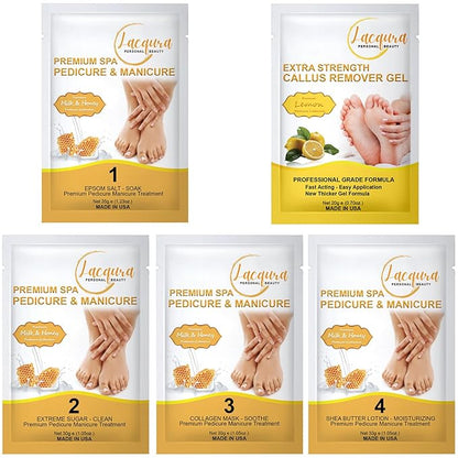 Epsom Salt Soak, Callus Remover Gel, Extreme Sugar Scrub, Collagen Mask & Shea Butter Lotion – Professional Spa Foot Care System 5 Step Luxury Pedicure Kit. Milk & Honey 50 Set
