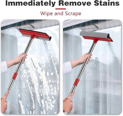 15.9" Window Squeegee for Car,2 in 1 Window Cleaner with Long Stainless Steel Handle,Sponge Car Squeegee for Gas Station, Glass,Shower,Outdoor High Window Cleaning