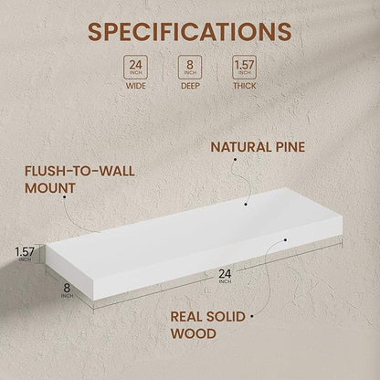 Heimlove 24 inch Floating Shelves for Wall,2 Packs Natural Pine Solid Wood Floating Shelves, 8 inches Deep Wooden Shelves for Kitchen Bedroom Office & Living Room Display Wall Decor