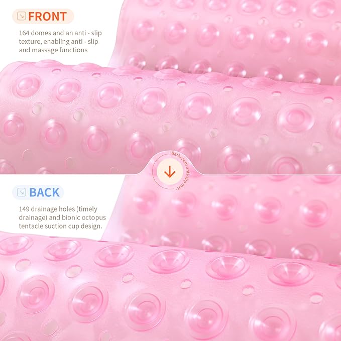 Anti-Slip Bathtub Shower mat, 20.8×20.8（Approximately 53×53cm） inch Soft Oversized Machine Washable Non-Slip Bathtub mat with Drainage Holes, Bathroom Floor Suction Cup.（1-Clear Pink）