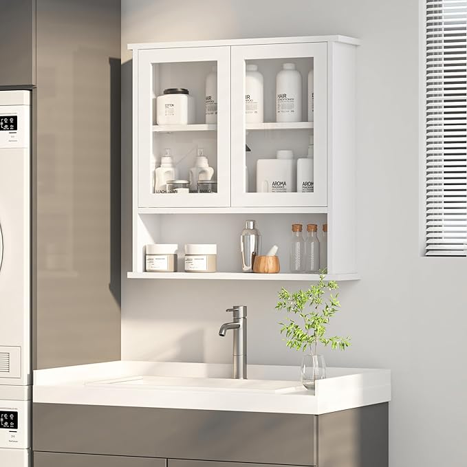 Modern Hanging Bathroom Cabinet, Sturdy Wooden Medicine Cabinet with Buffering Hinge & Anti-Scratch Door, Space-Saving Wall Mounted Over Toilet (Acrylic-Insert Panel Door)