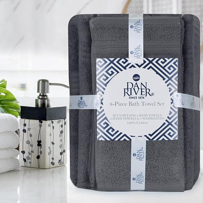 DAN RIVER 8 PC Luxury Bath Towels for Bathroom, 2 Bath, 2 Hand, and 4 Wash Cloths, 600 GSM 100% Ring Spun Cotton Towel Set, Highly Absorbent, Gym, Hotel, and Spa, Dark Gray