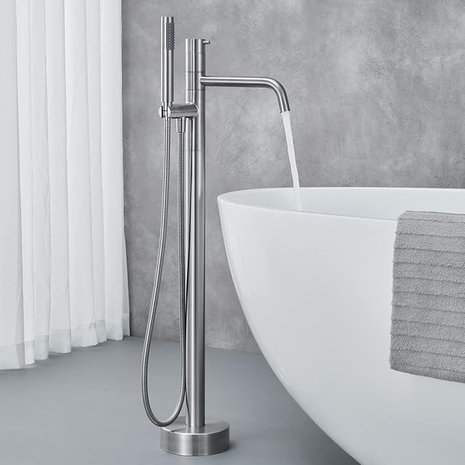 Freestanding Bathtub Faucet Floor Mount Tub Filler Brushed Nickel Brass Single Handle Bathroom Faucets with Hand Shower