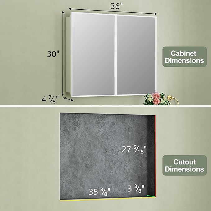 Buruis 36" x 30" Framed Medicine Cabinet with Mirror, Recessed or Wall Mounted Bathroom Cabinet, Adjustable Tempered Glass Shelves, Left/Right Open Reversible, No Assembly Required, White