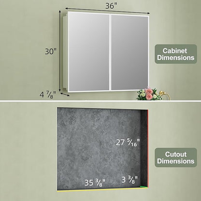 Buruis 36" x 30" Framed Medicine Cabinet with Mirror, Recessed or Wall Mounted Bathroom Cabinet, Adjustable Tempered Glass Shelves, Left/Right Open Reversible, No Assembly Required, White