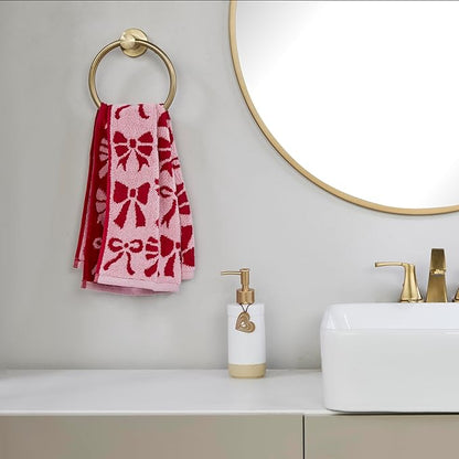 SKL Home Bow Jacquard 100% Cotton Premium 2-Piece Hand Towel Set, 500 GSM, Reversible, Soft & Absorbent, Everyday/Christmas/Winter/Valentine's, Decorative for Bath/Kitchen/Bar, Red/Pink