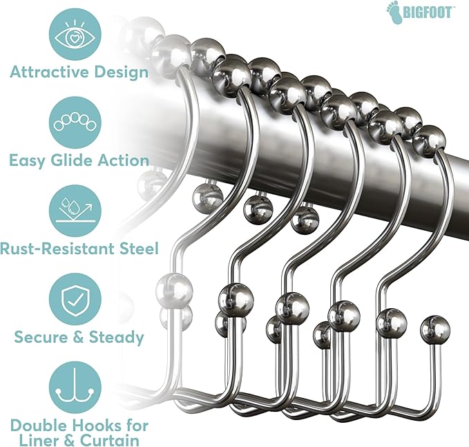 BigFoot Shower Curtain Hooks, Stainless Steel, Rust Resistant, Easy Installation & Smooth Glide, Fits Standard Shower Rods, 2 Hook Rings Hold Liners & Curtains, 12 Pieces, Nickel Color