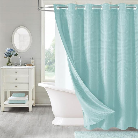 MitoVilla Teal No Hooks Needed Waffle Shower Curtain Liner Set, Turquoise Modern Waffle Weave Heavy Fabric Cloth Shower Curtain with Snap-in Liner for Aqua Luxury Neutral Hotel Spa Bathroom Decor