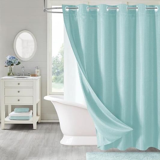 MitoVilla No Hooks Needed Turquoise Extra Long Shower Curtain Liner Set, Teal 86 inch XL Heavyweight Waffle Fabric Cloth Shower Curtains Set with Snap-in Liner for Modern Luxury Hotel Bathroom Decor