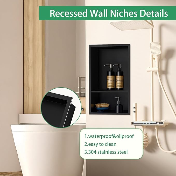 SaniteModar Shower Niche, Stainless Steel Niche for Shower Wall,18"x 12" No Tile Needed,Recessed for Bathroom Storage (Black, 18" x 12" Double)