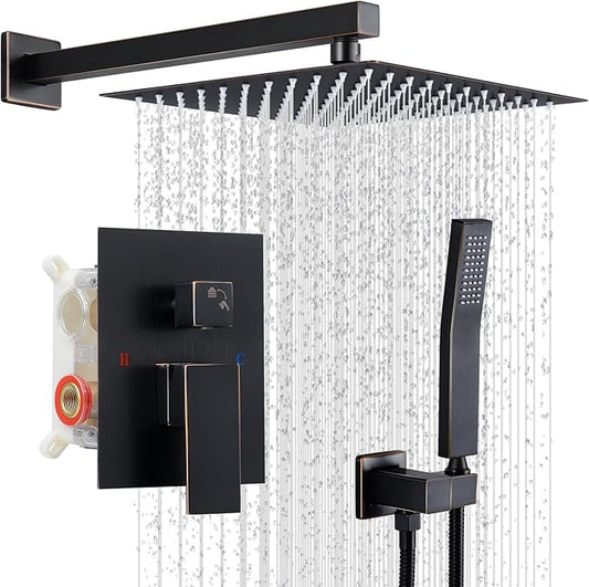 Shower Faucet Set, Wall Mount 10 Inch Square Rainfall Shower Head and Handle Set Single Handle Shower System Set with Female Threads Valve Body and Trim Included (Oil Rubbed Bronze)