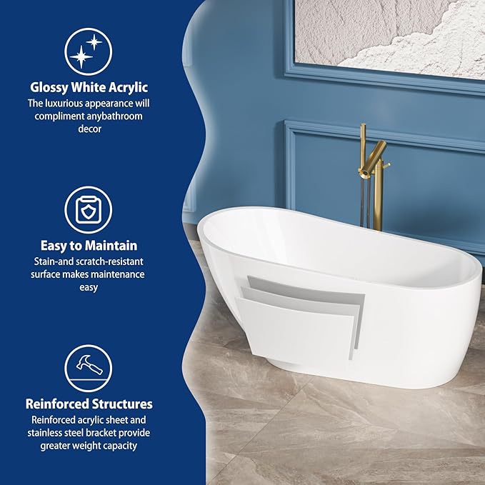 Sarlai 59 Inch Acrylic Freestanding Soaking Bathtub Contemporary Soaking White Tub Stand Alone Ergonomic Bathtub with Chrome Drain and Overflow