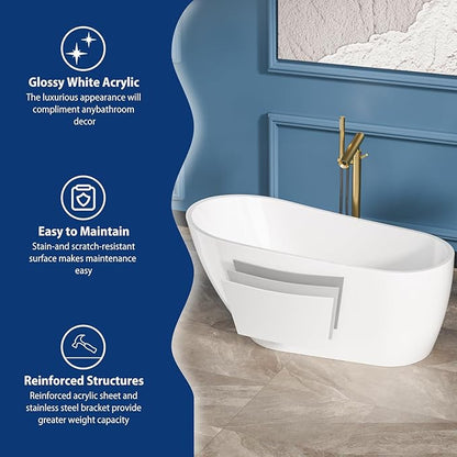 Sarlai 59 Inch Acrylic Freestanding Soaking Bathtub Contemporary Soaking White Tub Stand Alone Ergonomic Bathtub with Chrome Drain and Overflow
