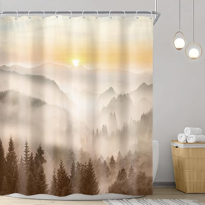 Riyidecor Misty Mountain Shower Curtain 60Wx72H Inch Brown Sunrise Nature Scenery Foggy Pine Tree Woodland Modern Natural Landscape Men Cool Bathroom Decor Fabric Polyester Waterproof 12 Pack Hooks