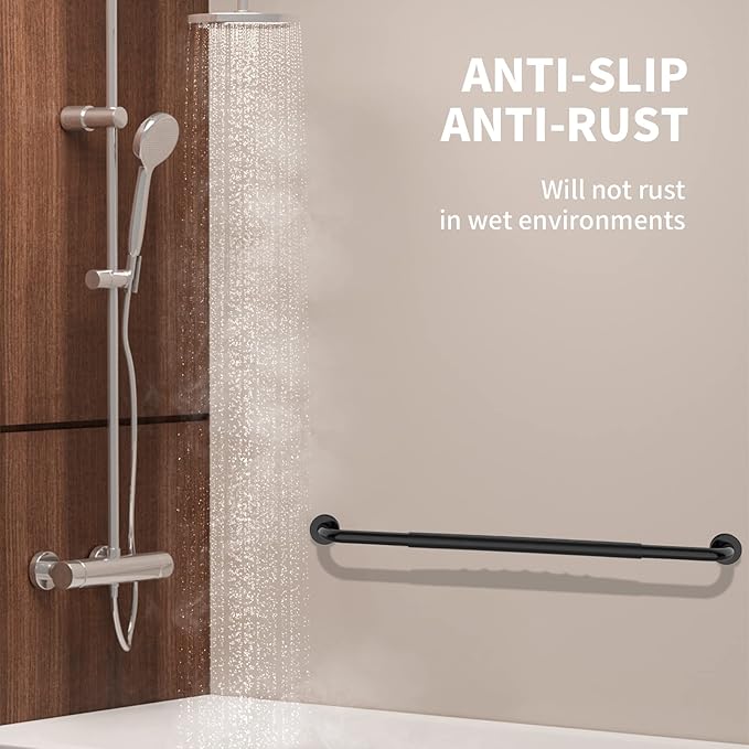 36 Inch Shower Grab Bar w/Anti Slip Rubber Grip, Munzong Black Stainless Steel Bathroom Grab Bar, Bathroom Balance Bar,Safety Handrail Support,Handicap Injury Elderly Senior Assist Bath Handle