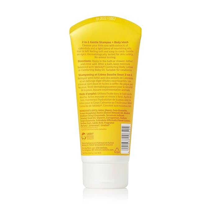 Weleda Baby Calendula 2-in-1 Gentle Shampoo and Body Wash, 6.8 Fluid Ounce, Plant Rich Cleanser with Calendula and Sweet Almond Oil