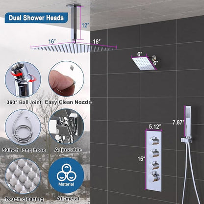 Enga Thermostatic Dual Shower Head System, 16"+6" Rain Shower Heads & Handheld Shower Faucet Set, Can All Run Together & Volume Adjustable, Chrome
