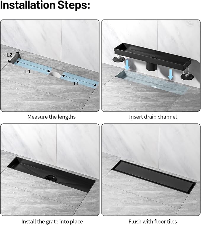 Linear Shower Drain, 304 Stainless Steel with Adjustable Leveling Feet, Hair Strainer,Reversely Install Place to Create an Invisible Floor Drain - Black -60-Inch