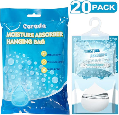 Moisture Absorbers Packets - Hanging Moisture Absorbers Dehumidifier Bags for Closet Bathroom Kitchen, Fragrance Free Humidity Absorber Packs, Removes Moisture & Odors, 20 Pack