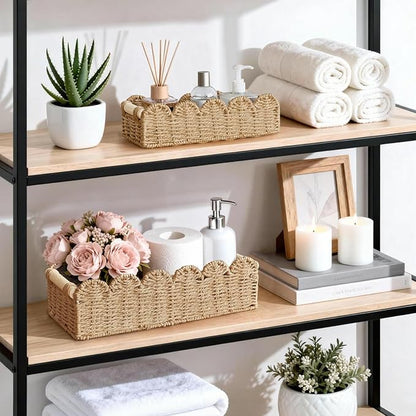 Dahey 2 Pcs Woven Paper Rope Toilet Paper Storage Basket for Over Toilet Storage Shelf Scalloped Edge Toilet Tank Basket with Handles for Organizing, Bathroom Countertop Living Room Bedroom Home Decor