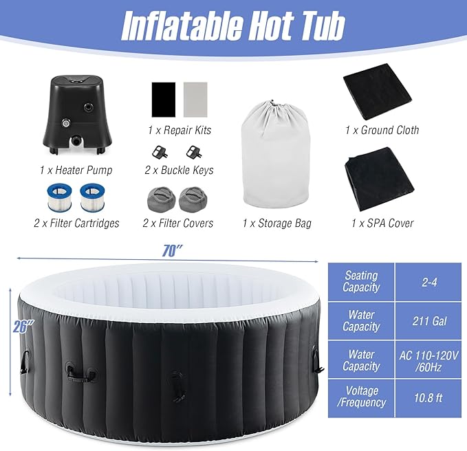 Goplus Inflatable Hot Tub, 2-4 Person Blowup Pool Hottub w/110 Air Jets, Heater Pump, Filter Cartridges, Insulated Cover, Ground Cloth, Portable Outdoor Water SPA (70’’ Round, 2-4 Person)