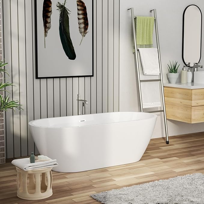 67" Acrylic Freestanding Bathtub - Mocoloo White Oval Shape Soaking Bath Tub with Stainless Drain and Overflow Assembly for Classic Modern Bathrooms