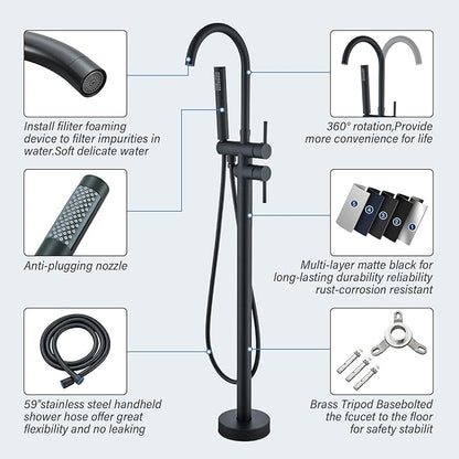 Freestanding Bathtub Faucet Matte Black Floor Mounted Tub Filler with Hand Shower 360 Degree Swivel Standing Spout Brass High Flow Mixer Taps