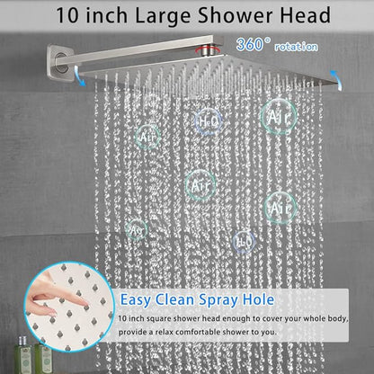 Brushed Nickel Shower System YCAIKOI Wall Mount Shower Faucet Set for Bathroom 10 Inch High Pressure Luxury Shower Head with Handheld, Rough-in Valve Body and Trim Included