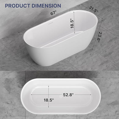 67" Acrylic Freestanding Soaking Bathtub, Modern Oval Acrylic Bath Tub with Pop-up Drain & Integrated Overflow for Soaking and Bathing, cUPC Certified, Glossy White Finish