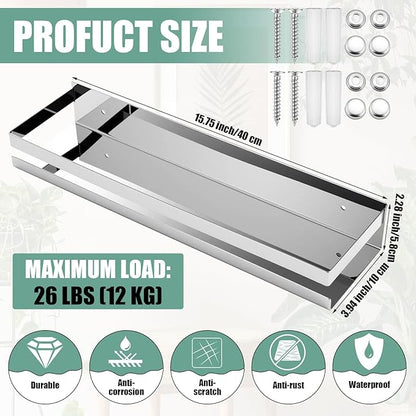 Lallisa 2 Pieces Stainless Steel Shelf Bathroom Shower Floating Shelves Wall Mounted Shower Caddy Basket Shelf Storage Organizer Shelves for Bathroom, Kitchen, Living Room (15.75 Inch/ 40 cm,Shiny)