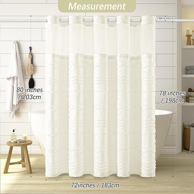No Hooks Required Boho Farmhouse Shower Curtain Tufted Chevron Striped with Snap in Liner - 72W x 80H, Water Resistant Hotel Grade Spa Like Bathroom Curtain Set, Beige