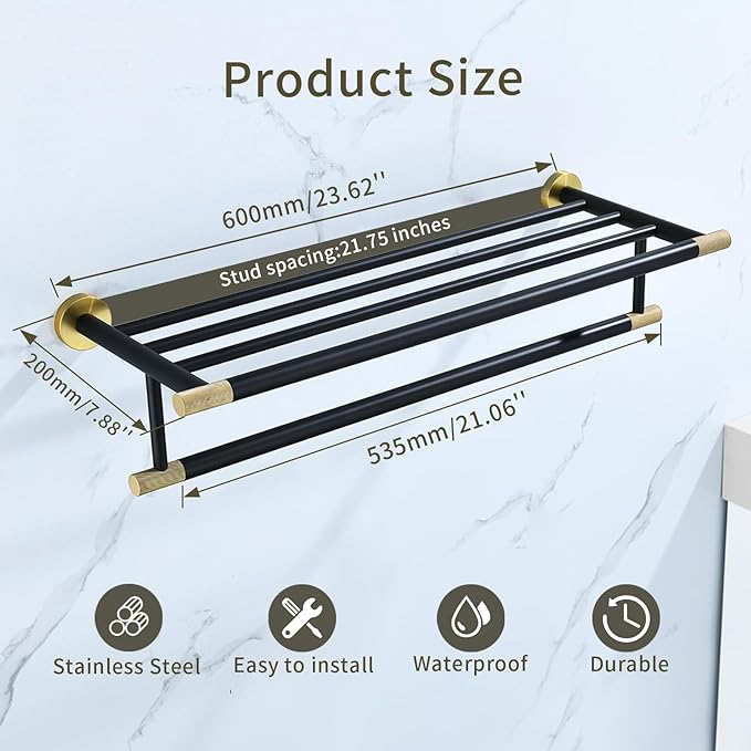 Black Brushed Gold Towel Rack 24'' Bath Towel Shelf with Towel Bars SUS304 Matte Black Stainless Steel Wall Mounted，Modern Bathroom Storage Shelf