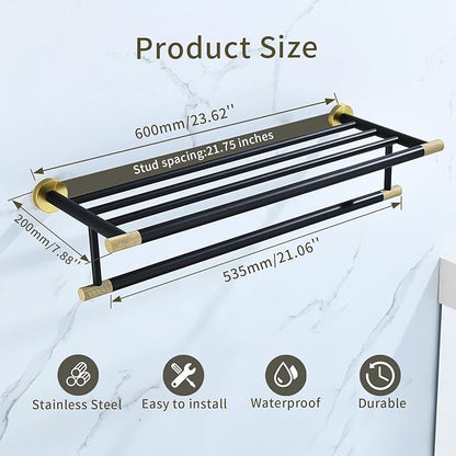 Black Brushed Gold Towel Rack 24'' Bath Towel Shelf with Towel Bars SUS304 Matte Black Stainless Steel Wall Mounted，Modern Bathroom Storage Shelf