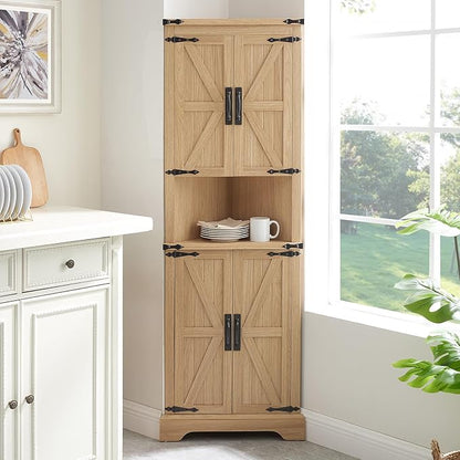 Tall Farmhouse Corner Cabinet with 4 Doors and Adjustable Shelves, Farmhouse Storage Cabinet with Barn Door Design, Home Space Saver for Living Room, Kitchen, Laundry Room (Natural Oak)