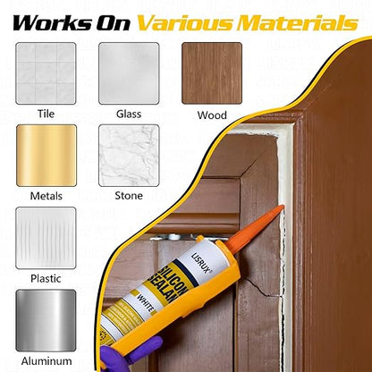 White Advanced Silicone Caulk, 100% Waterproof Silicone Sealant Indoor Outdoor Caulking for Window, Door, RV, Roof, Auto & Marine, Kitchen, Bathroom, Glass,15.2 oz（6-Pack） No Odor