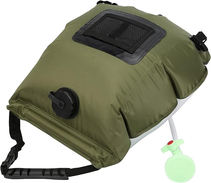 Outdoor Solar Heated Shower Bath Bag, Portable Camping Water Storage Bags with Thermometer, 20L PVC Foldable Shower Bag for Hiking Travel Beach Swimming, Includes Hose Nozzle and M