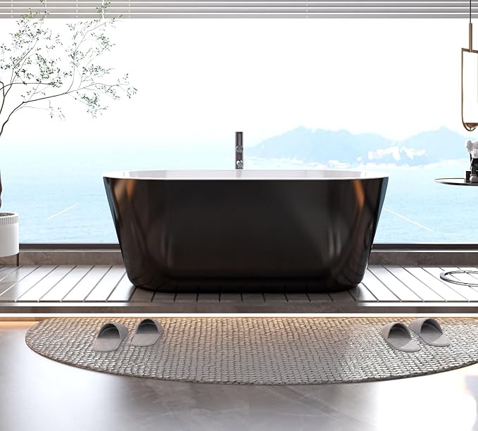 59" Acrylic Soaking Bathtub, Deep Modern Tub with Non-Slip Base, CUPC Certified, Space-Saving Bath with Chrome Drain and Overflow, Easy Install for Small Bathrooms, Black