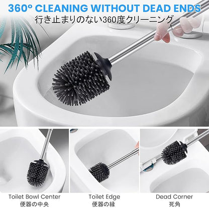 Stainless Steel Toilet Brush and Holder Toilet Brush Bowl Cleaning Brush Double Layer Holder Long Brush Handle High Density Silicone Head