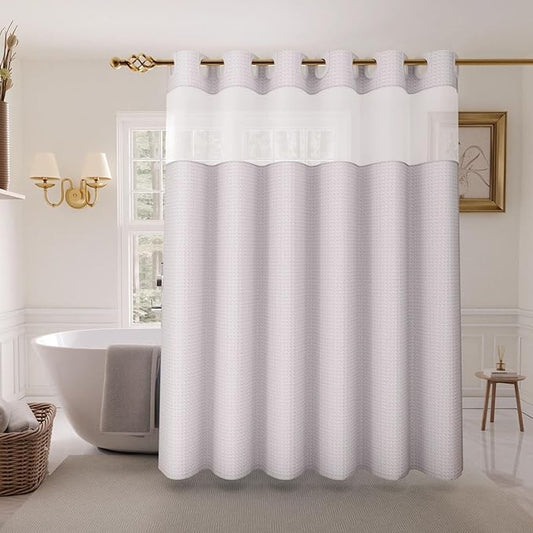 Inhousolu Long No Hook Shower Curtain with Snap in Fabric Liner Set Waffle Weave 230GSM Weighted Hem, Waterproof & Washable Bathroom Curtain Spa Luxury with Mesh Top Window 72" W x 78" L White