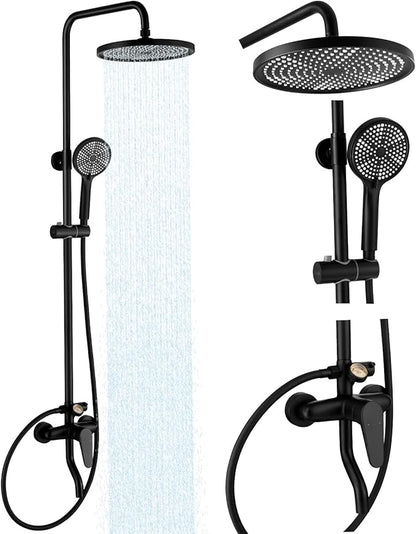 Outdoor Shower Kit, Exposed Shower System with Dial Thermometer Brass Valve, 10'' Rainfall Shower Head and Handheld Shower Faucet Combo for Bath Backyard - Black Wall Mounted