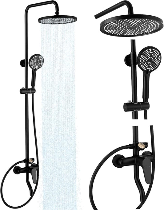 Outdoor Shower Kit, Exposed Shower System with Dial Thermometer Brass Valve, 10'' Rainfall Shower Head and Handheld Shower Faucet Combo for Bath Backyard - Black Wall Mounted