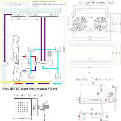 Brushed Gold Thermostatic Rain LED Shower System With Spa Body Jets, 12.5X24.5 Inch Large Horizontal Rectangle Ceiling Shower Head, Double Bath Shower Set Flow Can Be Controlled