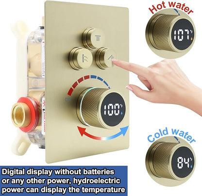 Digital Display Shower Valve Shower Valve 3 Way Shower Diverter Valve Shower Mixing Valve Can Use All the Time Brushed Gold