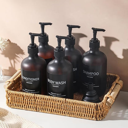 Refillable Matte Amber Plastic Shampoo and Conditioner Bottles (5 Pack, 16.9oz), with Pumps and Labels