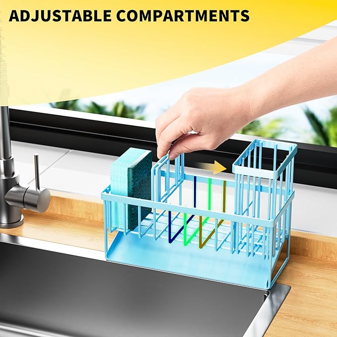 Cisily Blue Kitchen Sink Caddy Organzier with High Brush Holder, Sponge Holder for Sink, 304 Rustproof Stainless, Kitchen Countertop Soap Dispenser Organizer, Blue Home Decor and Accessories